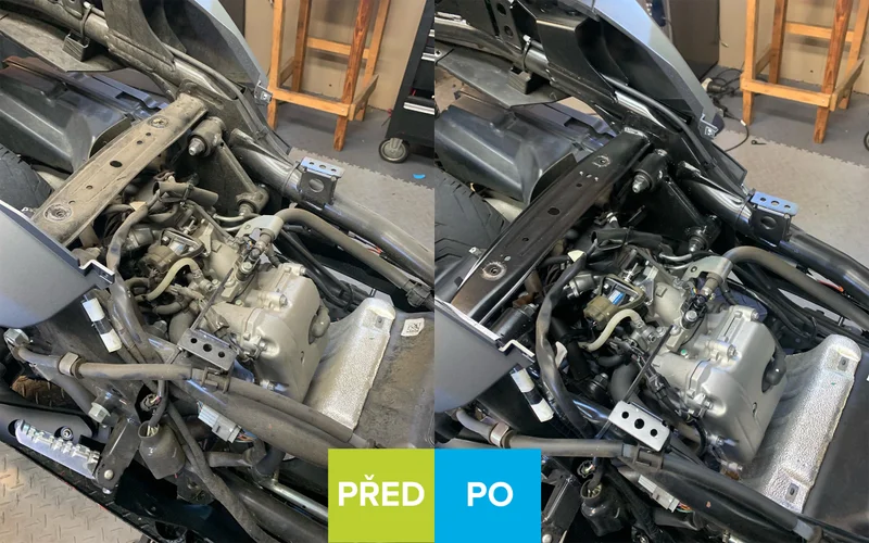 Motor motocyklu před čištěním a po čištění